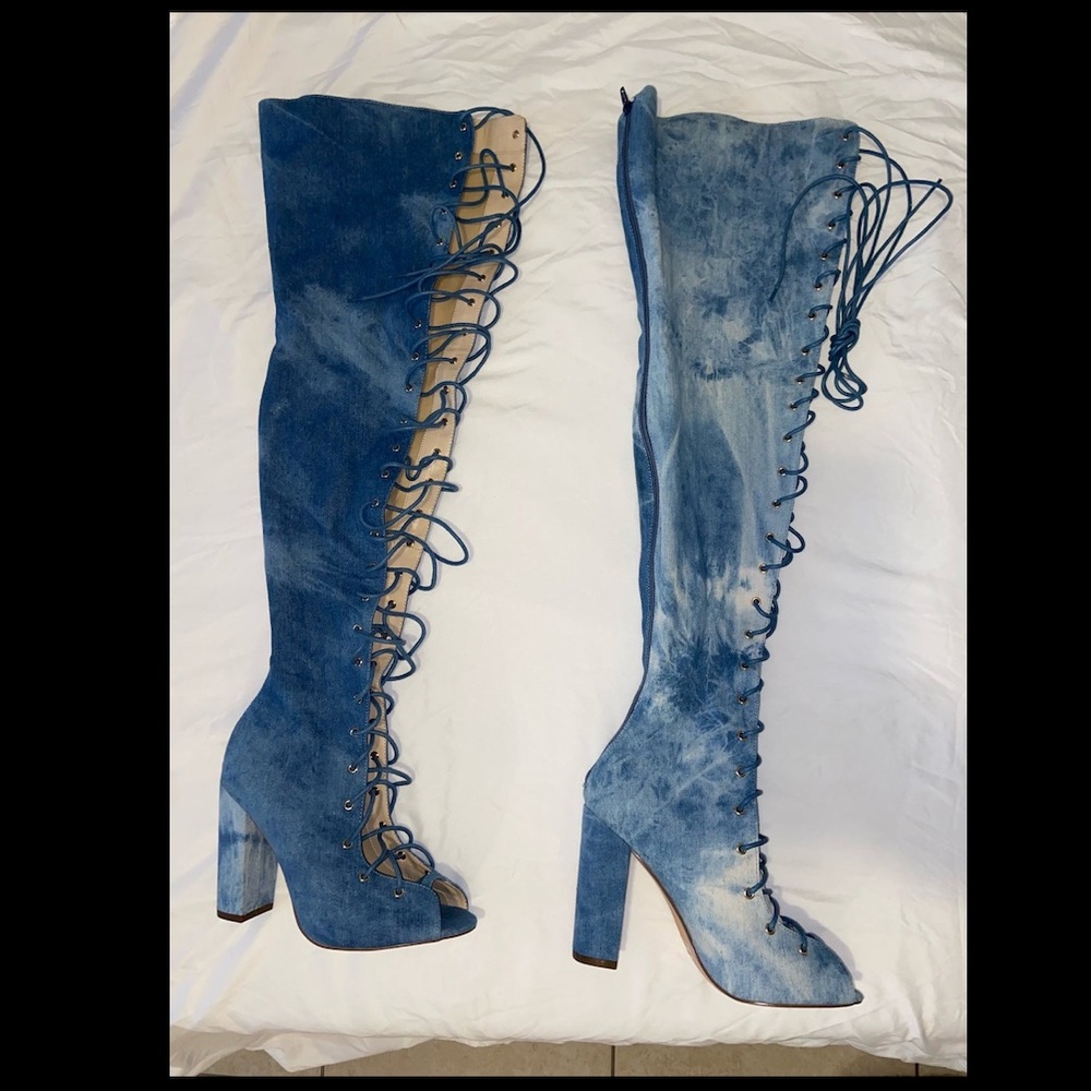 Denim knee high boots